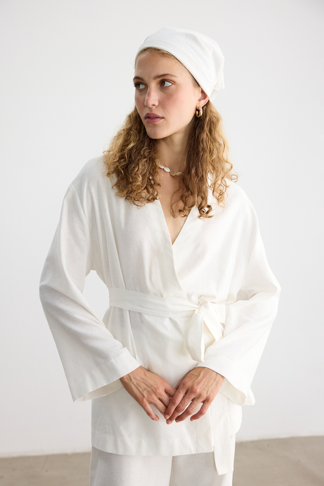 BE BLUE - EKRU PAMUK KETEN KİMONO