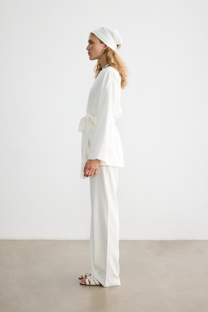 BE BLUE - EKRU PAMUK KETEN KİMONO