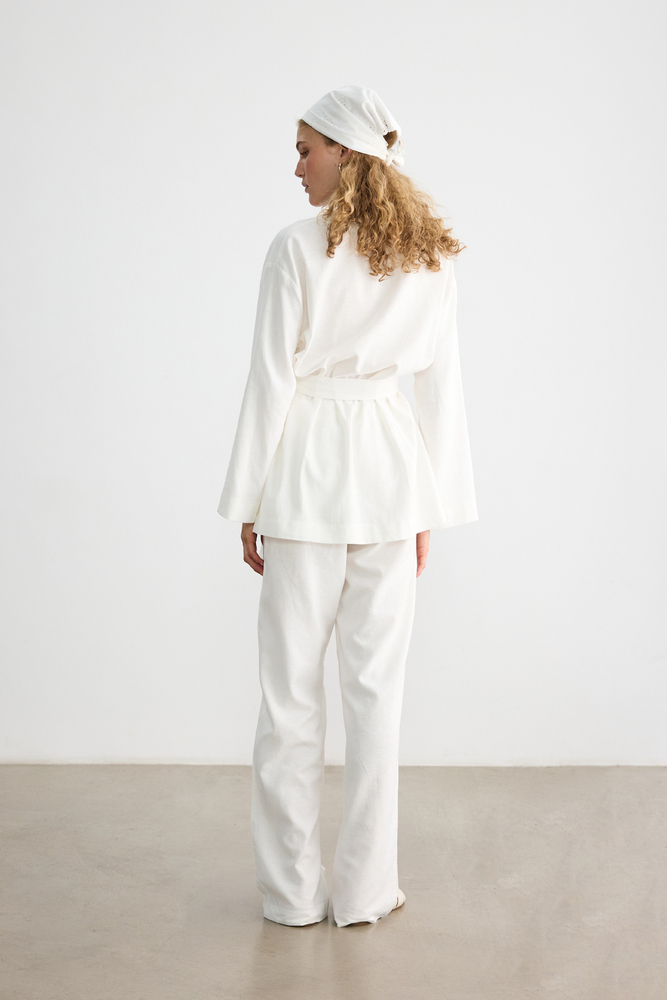 BE BLUE - EKRU PAMUK KETEN KİMONO