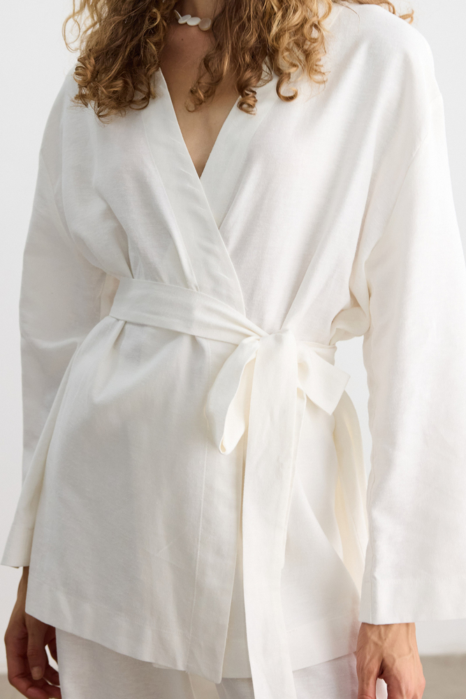BE BLUE - EKRU PAMUK KETEN KİMONO