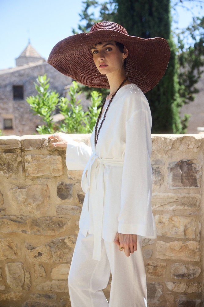 BE BLUE - EKRU PAMUK KETEN KİMONO