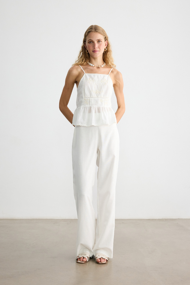 BE BLUE - EKRU PAMUK KETEN PALAZZO PANTOLON (1)