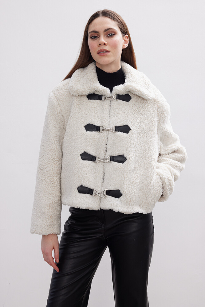 EKRU PELUŞ CROP CEKET
