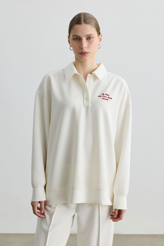 EKRU POLO YAKA İNCE SWEATSHIRT - Thumbnail