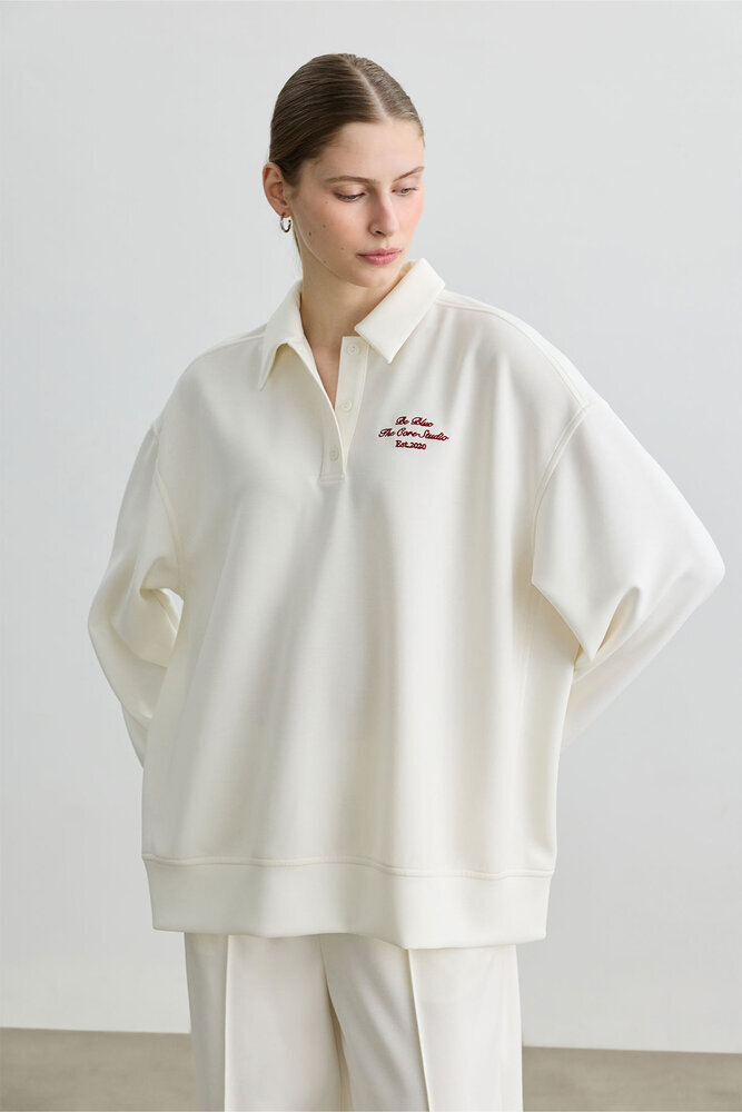 EKRU POLO YAKA İNCE SWEATSHIRT - Thumbnail