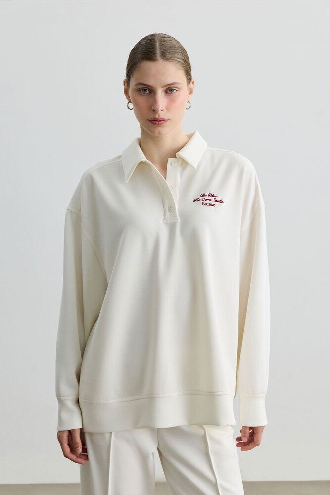 EKRU POLO YAKA İNCE SWEATSHIRT - Thumbnail