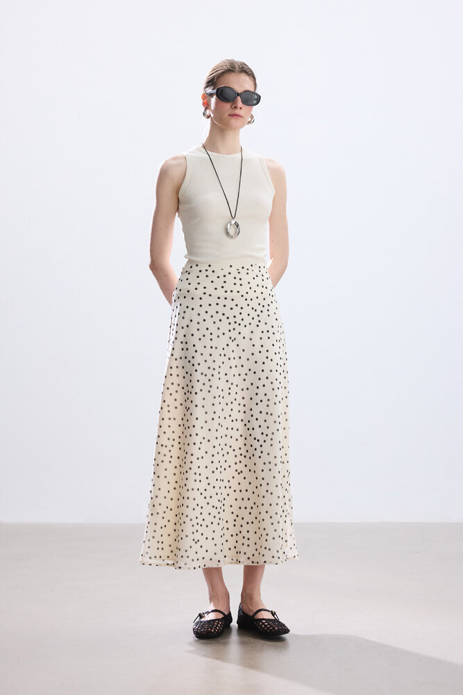 BE BLUE - EKRU PUANTİYE DESENLİ ETEK