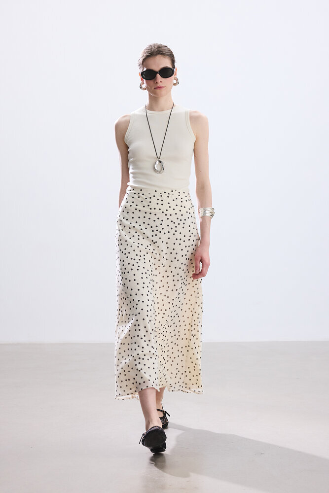 BE BLUE - EKRU PUANTİYE DESENLİ ETEK