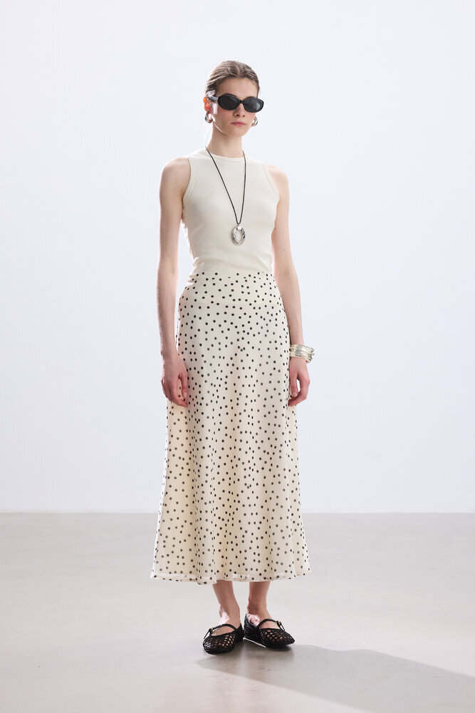 BE BLUE - EKRU PUANTİYE DESENLİ ETEK