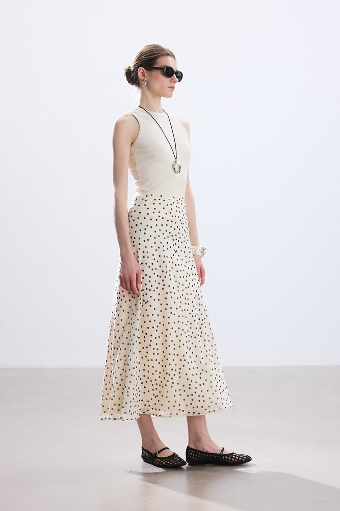 BE BLUE - EKRU PUANTİYE DESENLİ ETEK