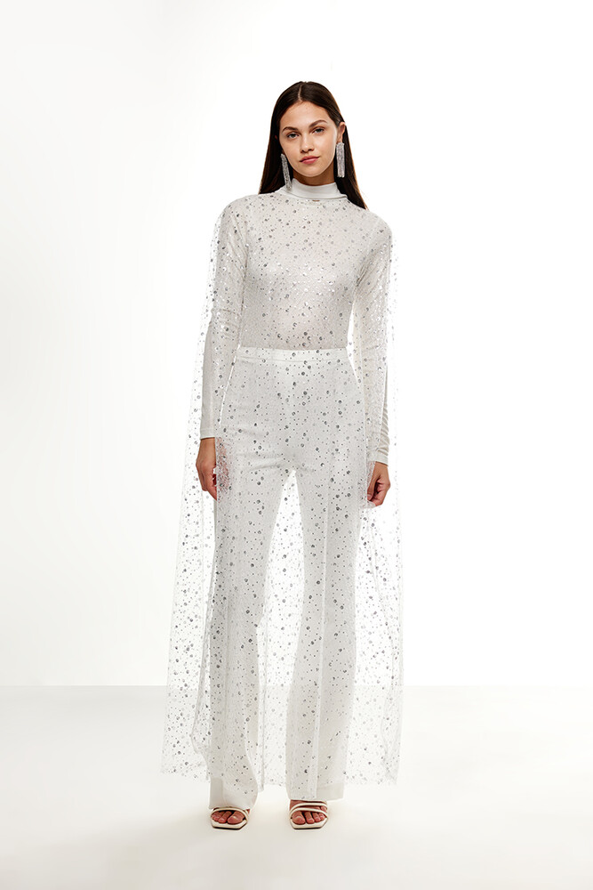 BE BLUE - EKRU UZUN IŞILTILI PELERİN