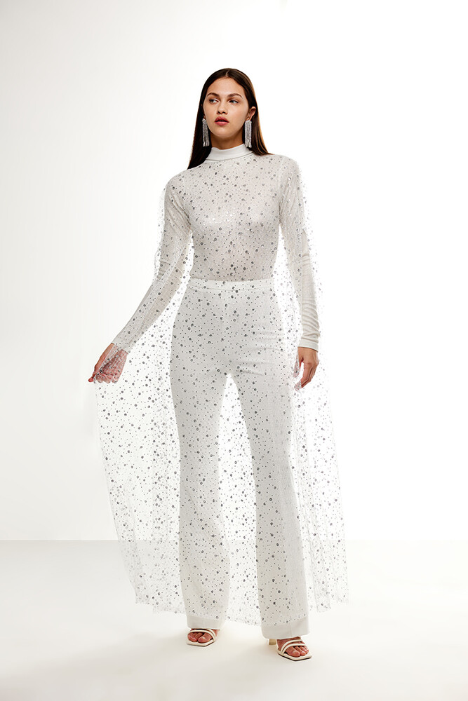 BE BLUE - EKRU UZUN IŞILTILI PELERİN