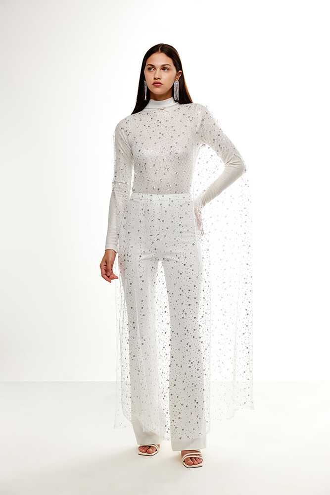 BE BLUE - EKRU UZUN IŞILTILI PELERİN