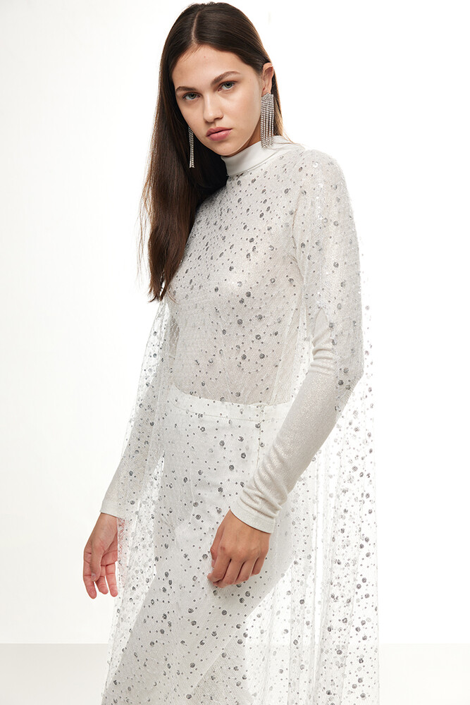 BE BLUE - EKRU UZUN IŞILTILI PELERİN