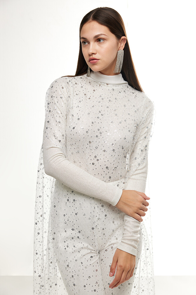 BE BLUE - EKRU UZUN IŞILTILI PELERİN