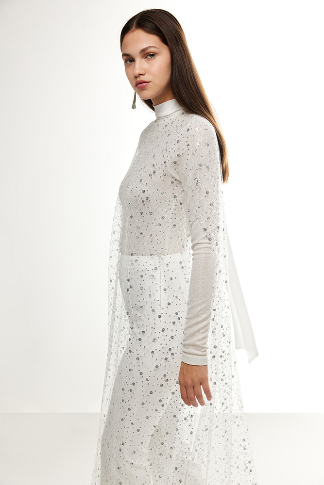 BE BLUE - EKRU UZUN IŞILTILI PELERİN