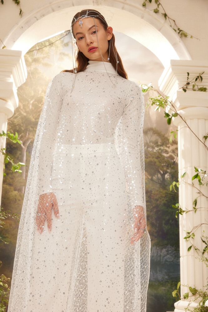 BE BLUE - EKRU UZUN IŞILTILI PELERİN