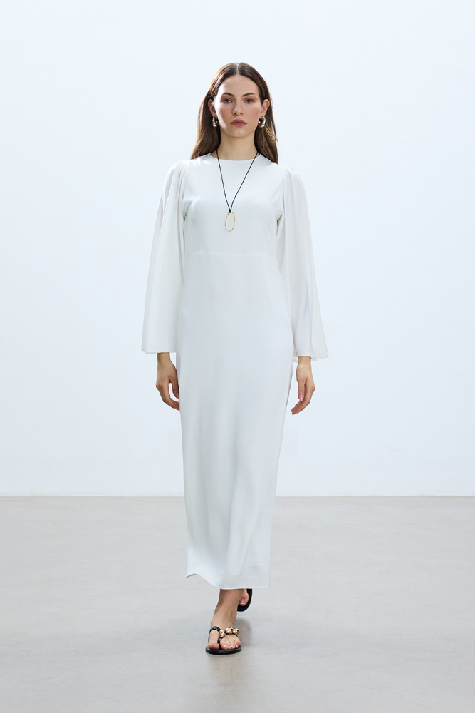 BE BLUE - EKRU KOLU VOLANLI ROMANTİK SATEN ELBİSE