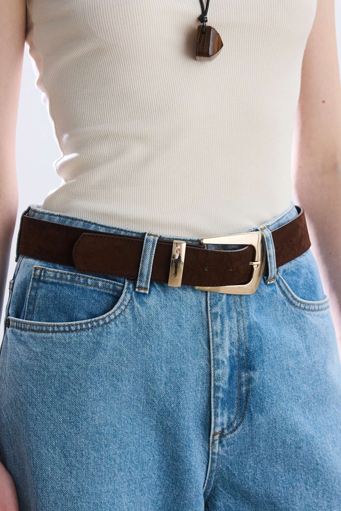 BE BLUE - KAHVERENGİ GOLD TOKALI SÜET KEMER