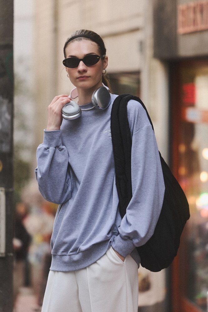 GRİ MELANJ BİSİKLET YAKA UZUN SWEATSHIRT - Thumbnail