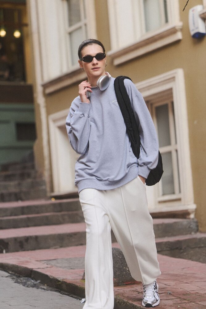 GRİ MELANJ BİSİKLET YAKA UZUN SWEATSHIRT - Thumbnail