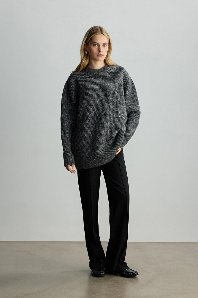 BE BLUE - GRİ MELANJ GÖRÜNÜMLÜ OVERSIZE KAZAK