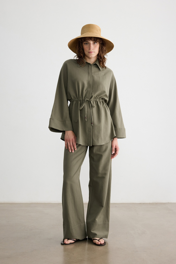 BE BLUE - HAKİ BONCUK DETAYLI VİSKON KETEN GÖMLEK