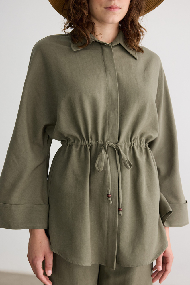 BE BLUE - HAKİ BONCUK DETAYLI VİSKON KETEN GÖMLEK