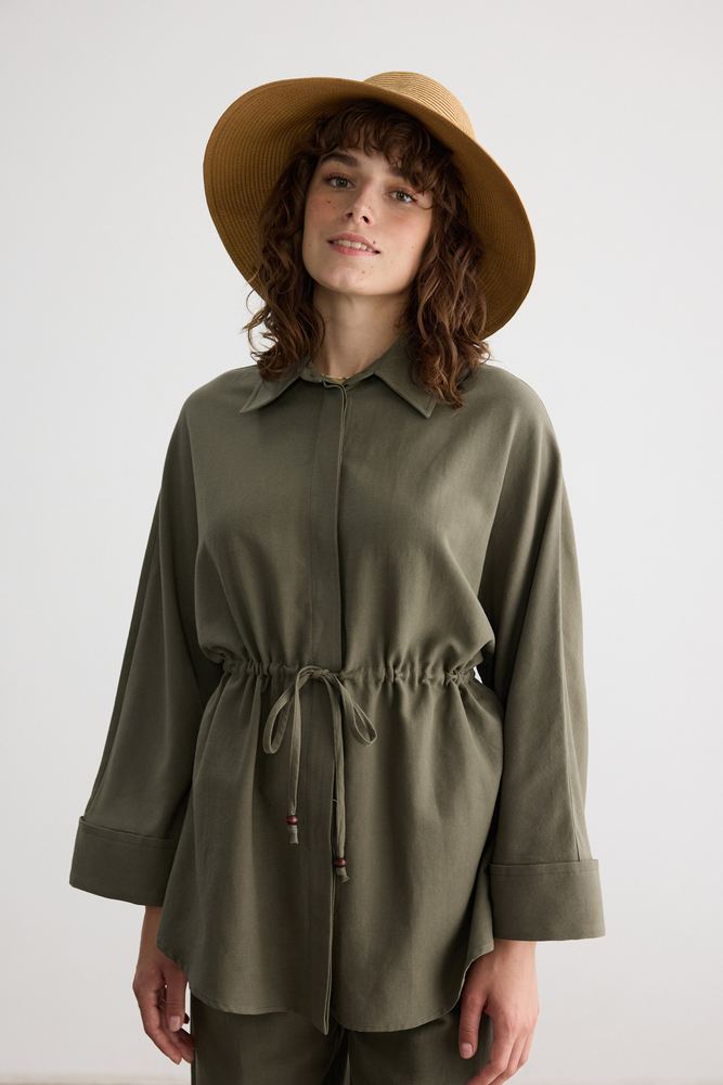 BE BLUE - HAKİ BONCUK DETAYLI VİSKON KETEN GÖMLEK