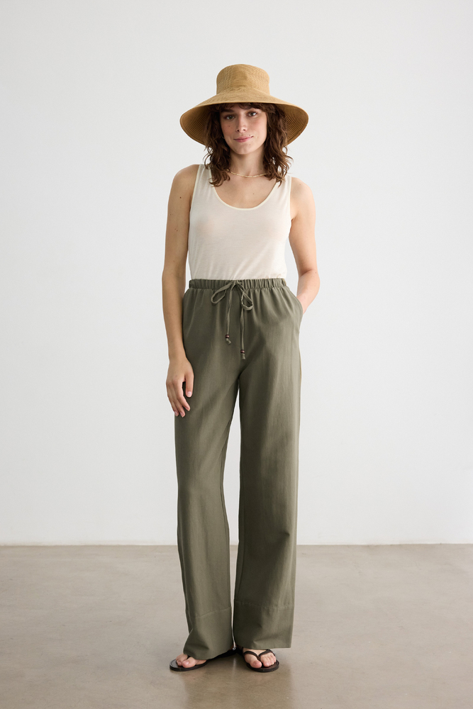 BE BLUE - HAKİ BONCUK DETAYLI VİSKON KETEN PANTOLON