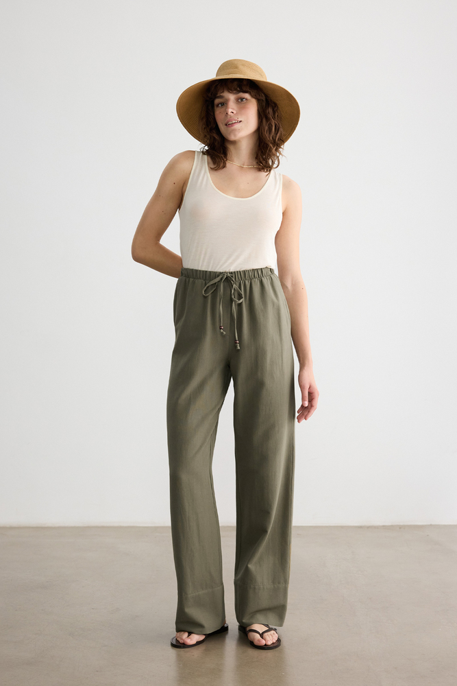 BE BLUE - HAKİ BONCUK DETAYLI VİSKON KETEN PANTOLON