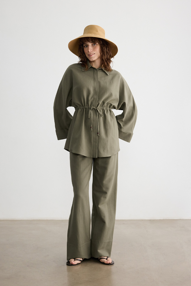 BE BLUE - HAKİ BONCUK DETAYLI VİSKON KETEN PANTOLON