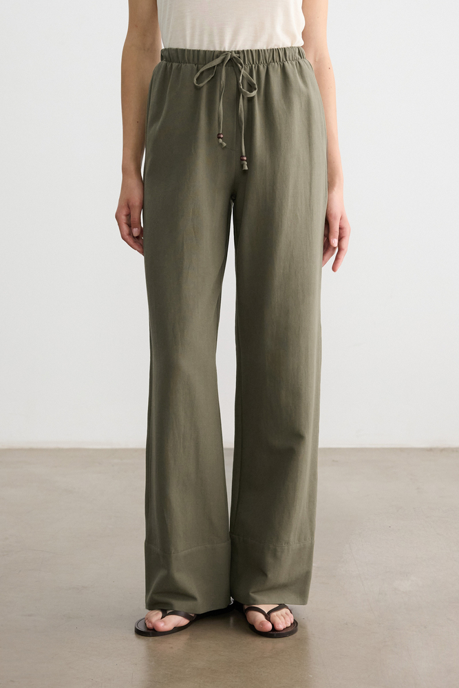 BE BLUE - HAKİ BONCUK DETAYLI VİSKON KETEN PANTOLON