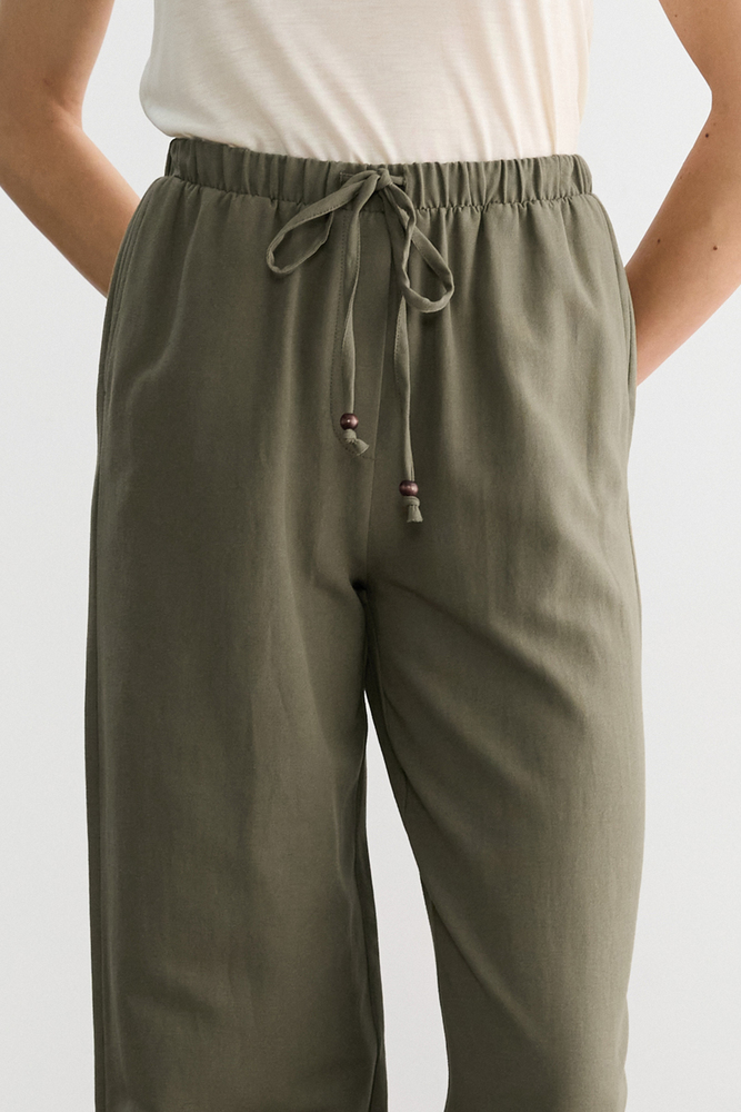 BE BLUE - HAKİ BONCUK DETAYLI VİSKON KETEN PANTOLON