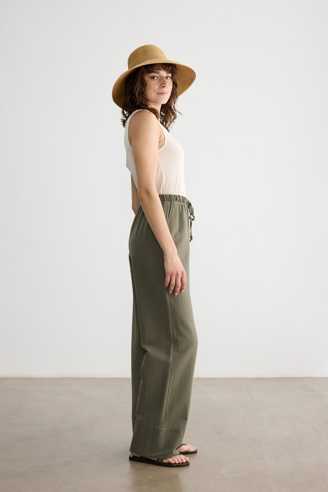 BE BLUE - HAKİ BONCUK DETAYLI VİSKON KETEN PANTOLON