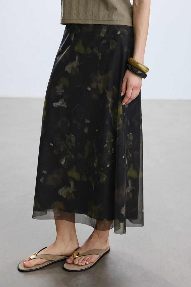 BE BLUE - HAKİ BRUSH DESENLİ TÜL ETEK