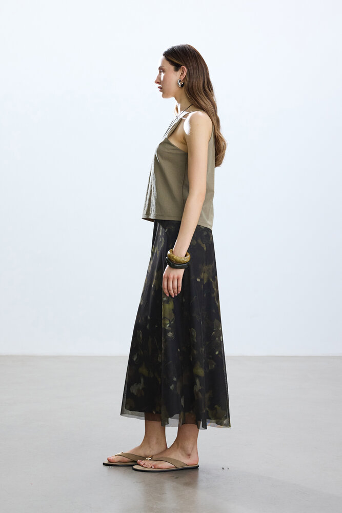 BE BLUE - HAKİ BRUSH DESENLİ TÜL ETEK