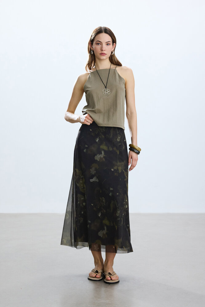 BE BLUE - HAKİ BRUSH DESENLİ TÜL ETEK