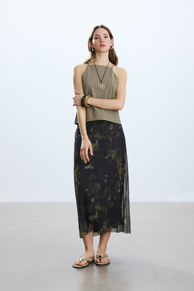 BE BLUE - HAKİ BRUSH DESENLİ TÜL ETEK