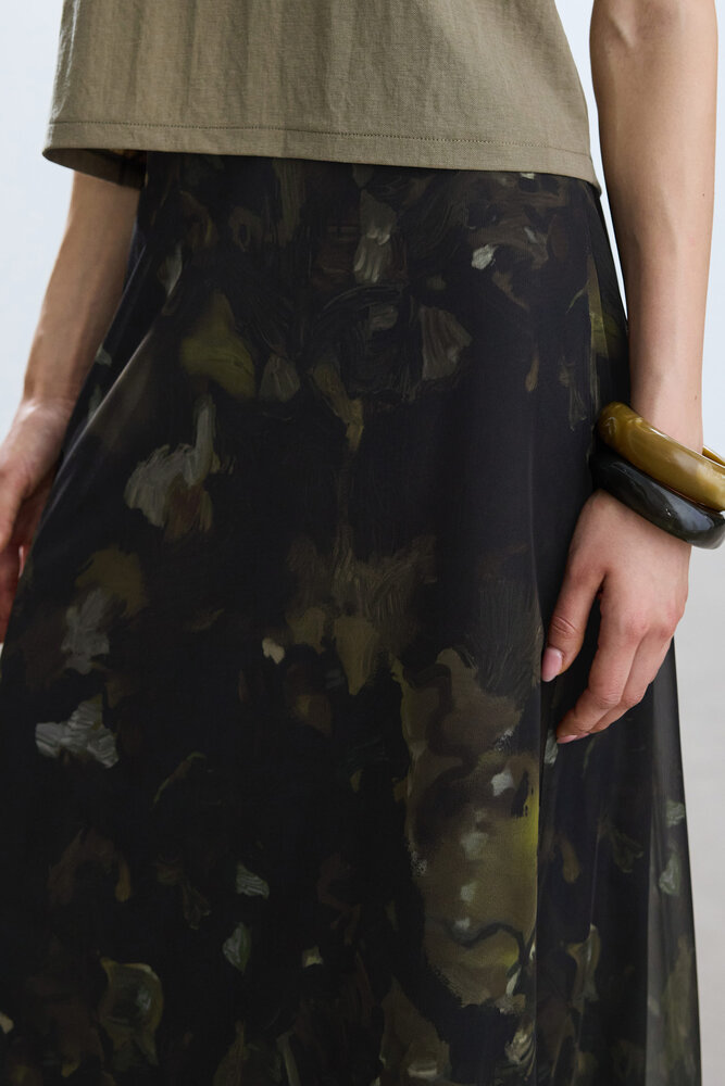 BE BLUE - HAKİ BRUSH DESENLİ TÜL ETEK