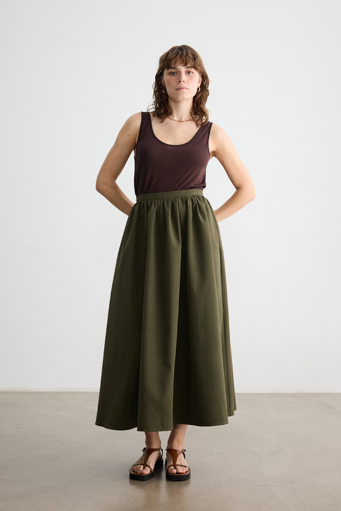 BE BLUE - HAKİ BÜZGÜLÜ POPLİN ETEK (1)