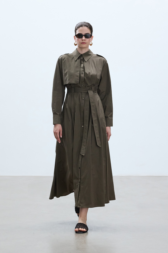 BE BLUE - HAKİ PAMUKLU TRENÇ ELBİSE