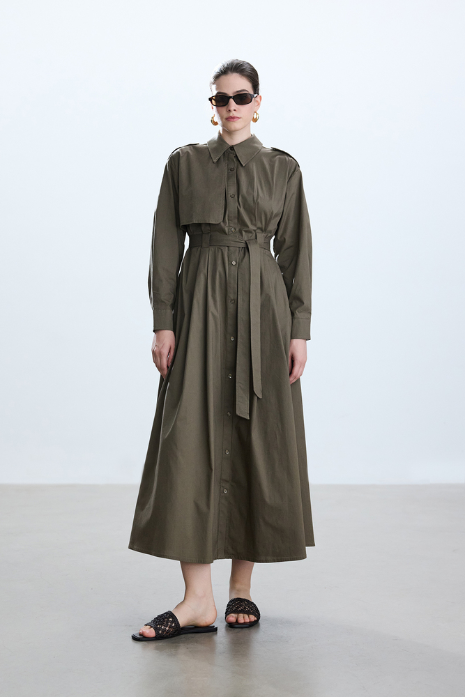 BE BLUE - HAKİ PAMUKLU TRENÇ ELBİSE