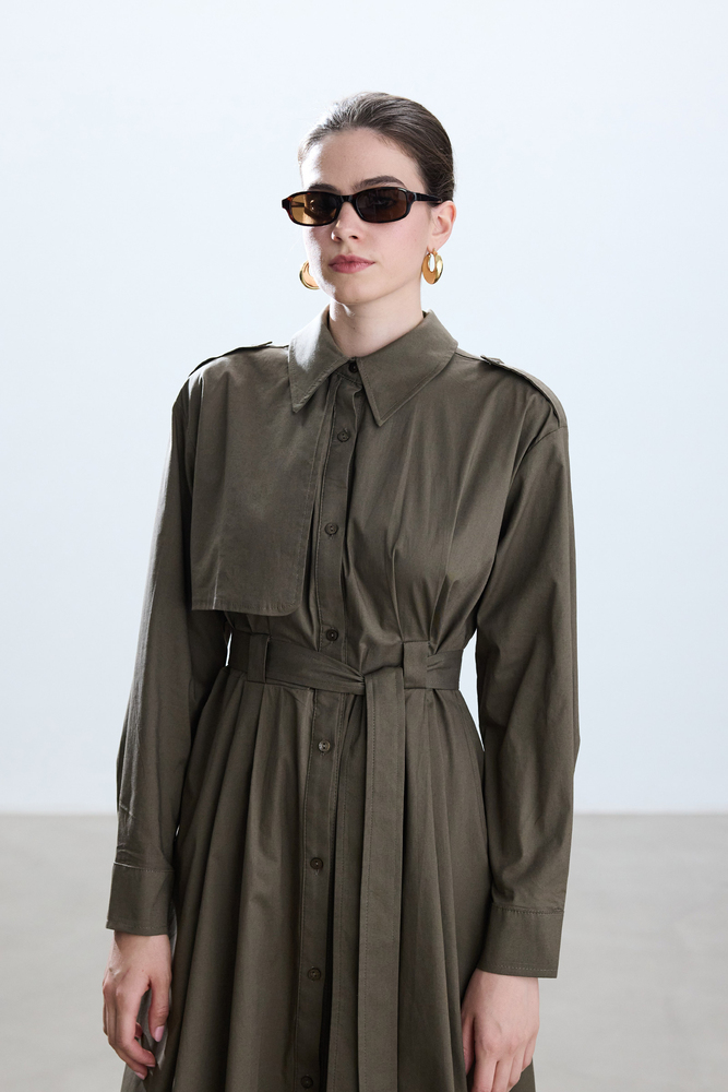 BE BLUE - HAKİ PAMUKLU TRENÇ ELBİSE