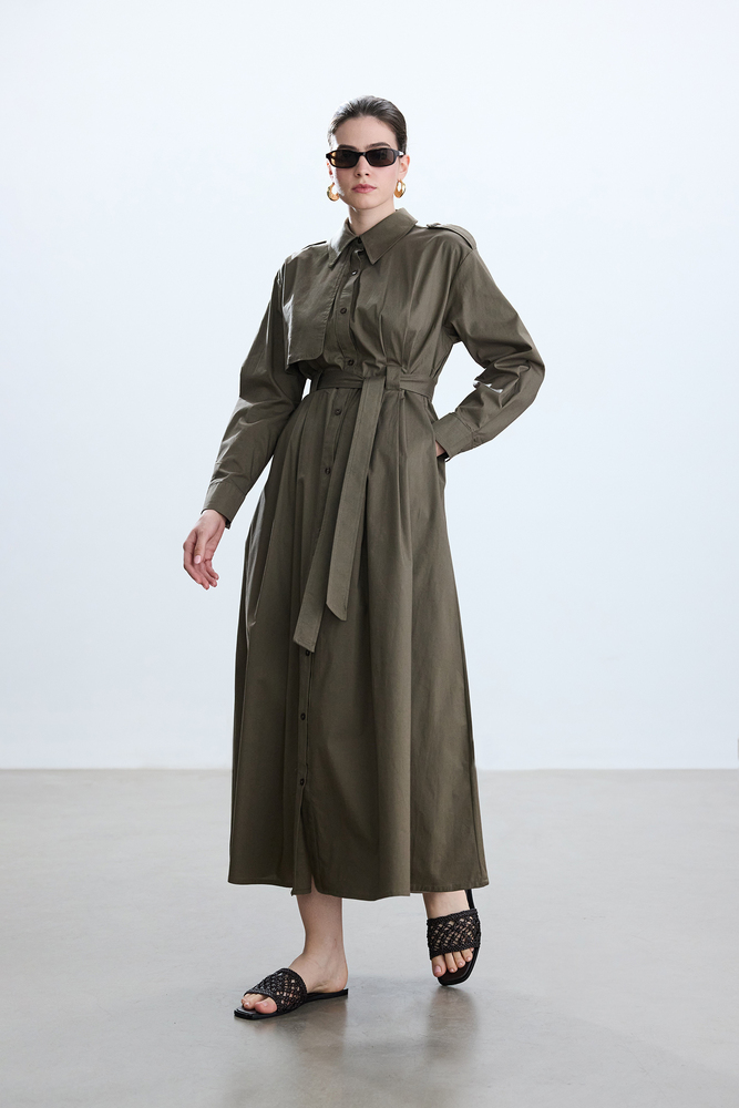 BE BLUE - HAKİ PAMUKLU TRENÇ ELBİSE