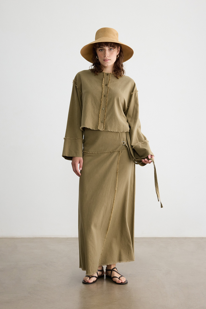 BE BLUE - HAKİ PÜSKÜL DETAYLI PAMUK KETEN ETEK