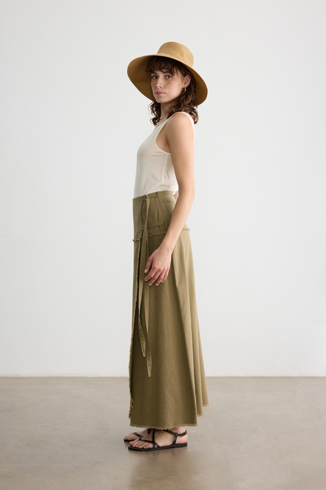 BE BLUE - HAKİ PÜSKÜL DETAYLI PAMUK KETEN ETEK