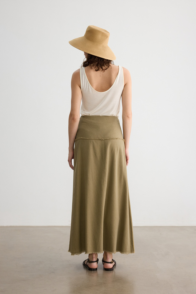 BE BLUE - HAKİ PÜSKÜL DETAYLI PAMUK KETEN ETEK