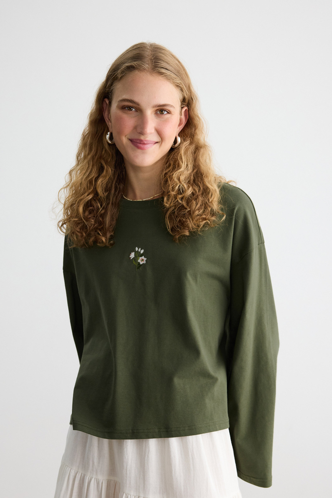 BE BLUE - HAKİ UZUN KOLLU NAKIŞLI T-SHIRT