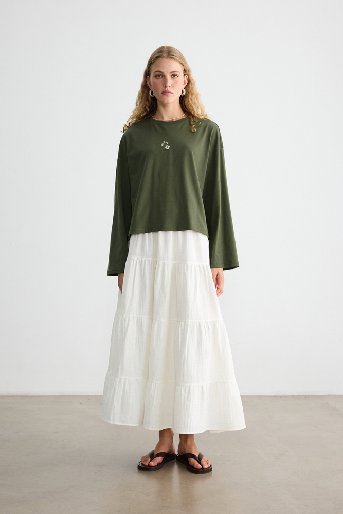 BE BLUE - HAKİ UZUN KOLLU NAKIŞLI T-SHIRT